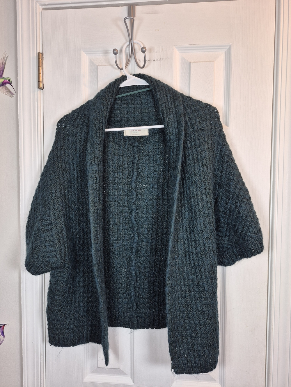 ZARA KNIT Chunky Short Sleeve Shawl Collar Cardigan Sweater Teal Green Medium